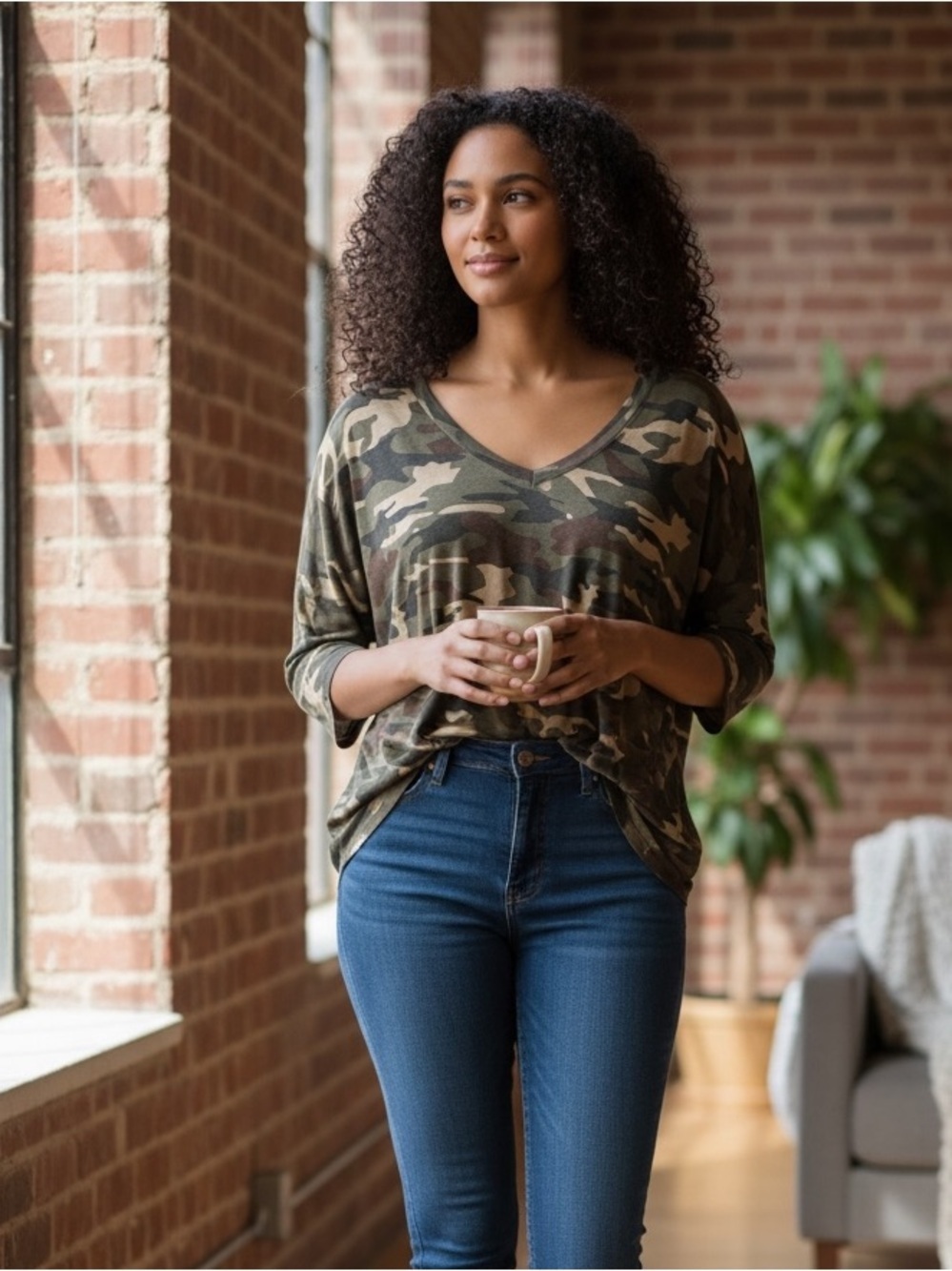 Zenana Premium Camo V-Neck Tunic Top Size L Soft Stretch 3/4 Sleeve - Picture 3 of 7